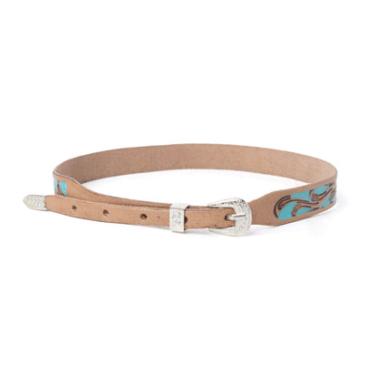Western leather hat belt with silver buckle, punched holes, and turquoise trim