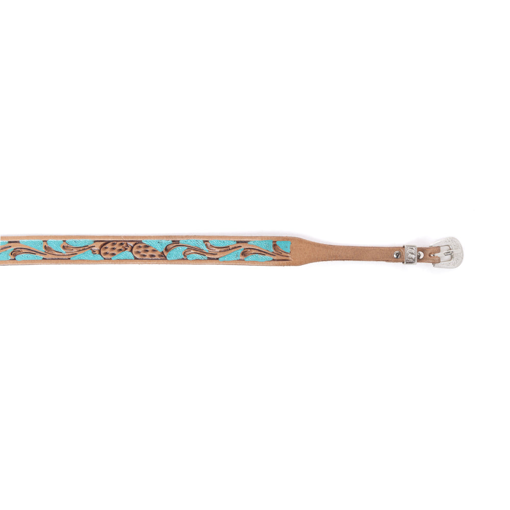Western leather hat belt with turquoise patterned band and silver buckle detail