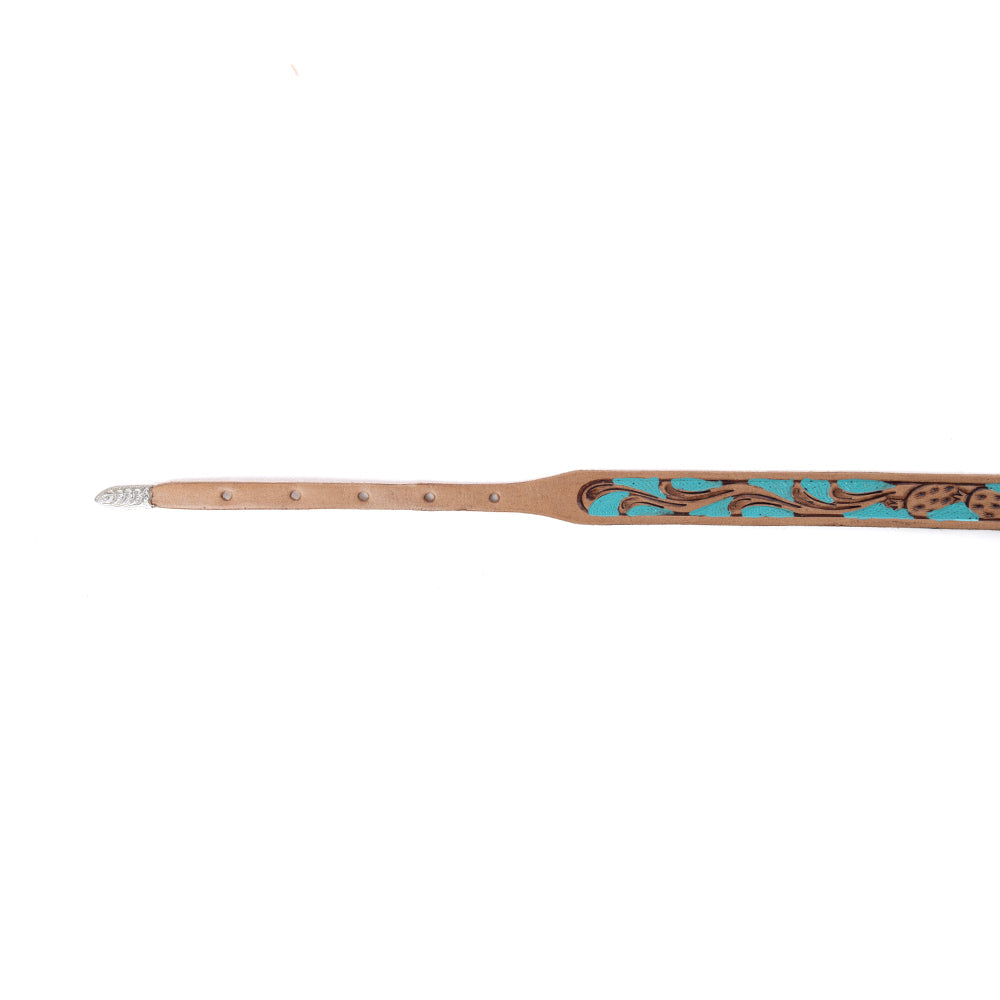 Western leather hat belt with turquoise patterned trim along the tan strap