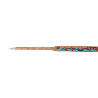 Western leather hat belt with turquoise patterned trim along the tan strap
