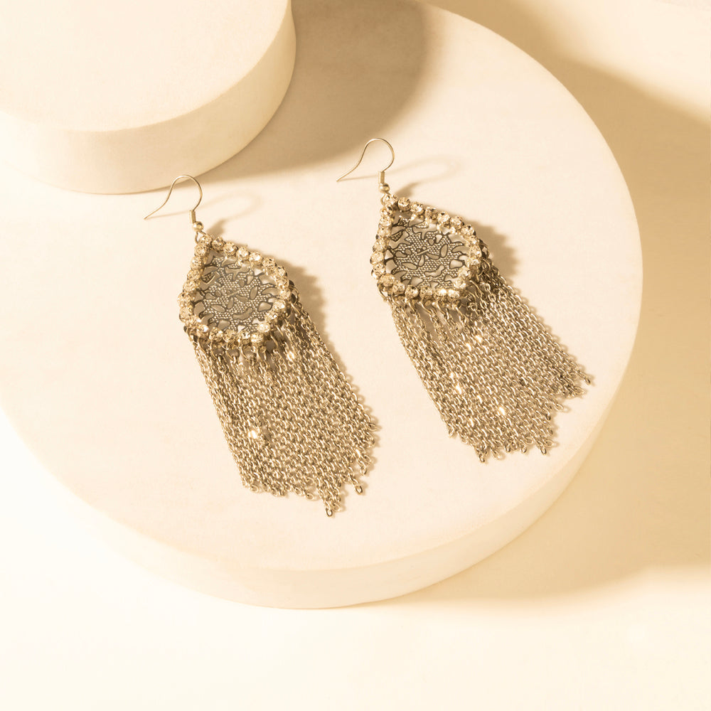 Antique gold fringe drop earrings with filigree top and dangling mesh fringe