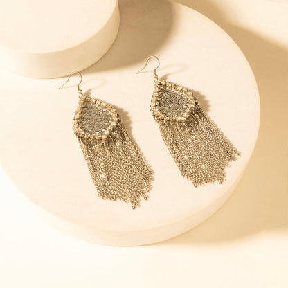Antique gold fringe drop earrings with filigree top and dangling mesh fringe