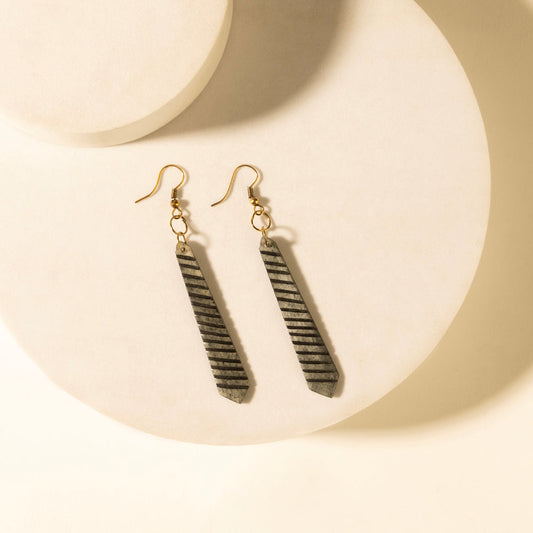 Striped drop earrings with gold-tone hooks; dark gray bar dangles