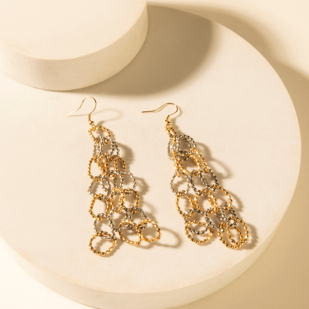 Dangling loop earrings, burnished amber, open chain loops with gold-tone hook backs