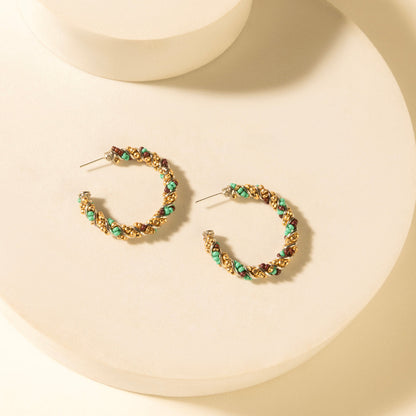 Small braided hoop earrings with turquoise bead accents, bronze-tone wire frame