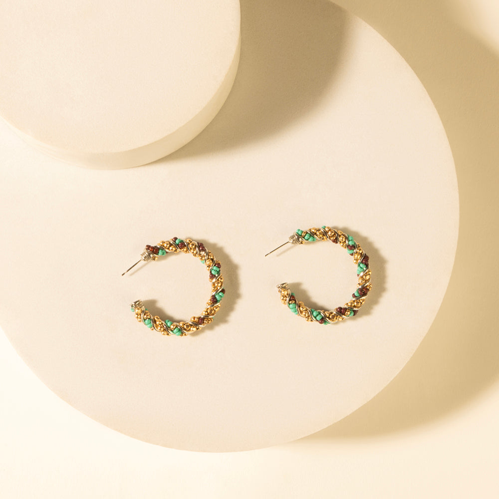 Braided turquoise bead hoop earrings, bronze-tone open hoops with straight posts