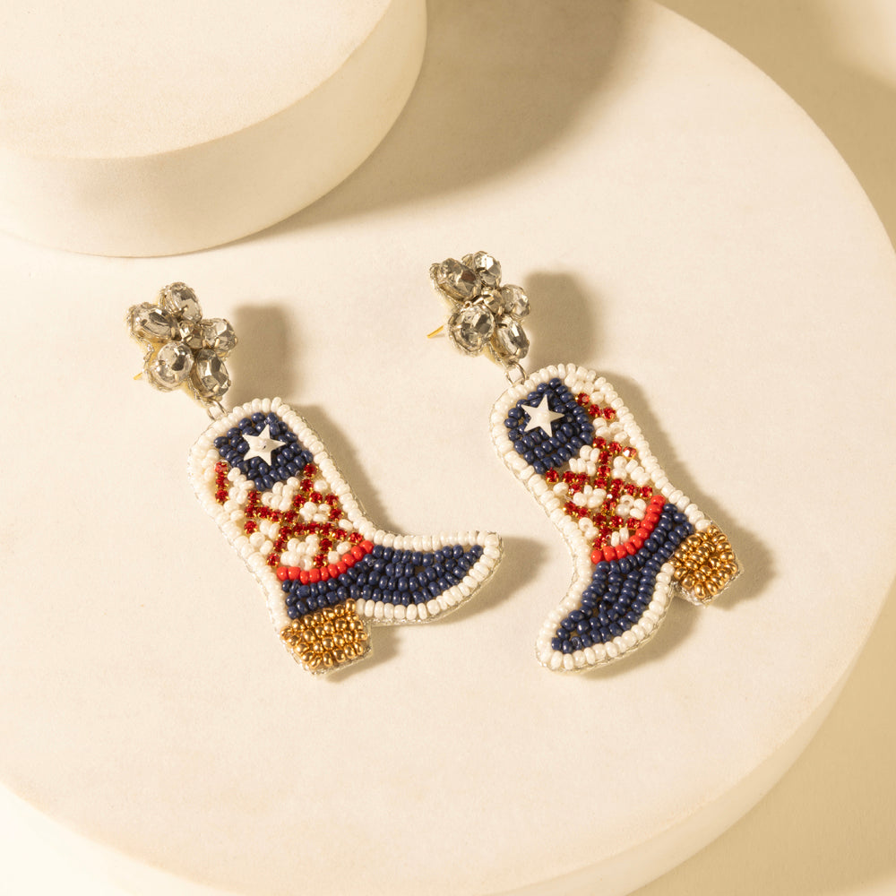 Boot-shaped beaded earrings, dark blue toe, red diamond band, star face, gold bead tops.