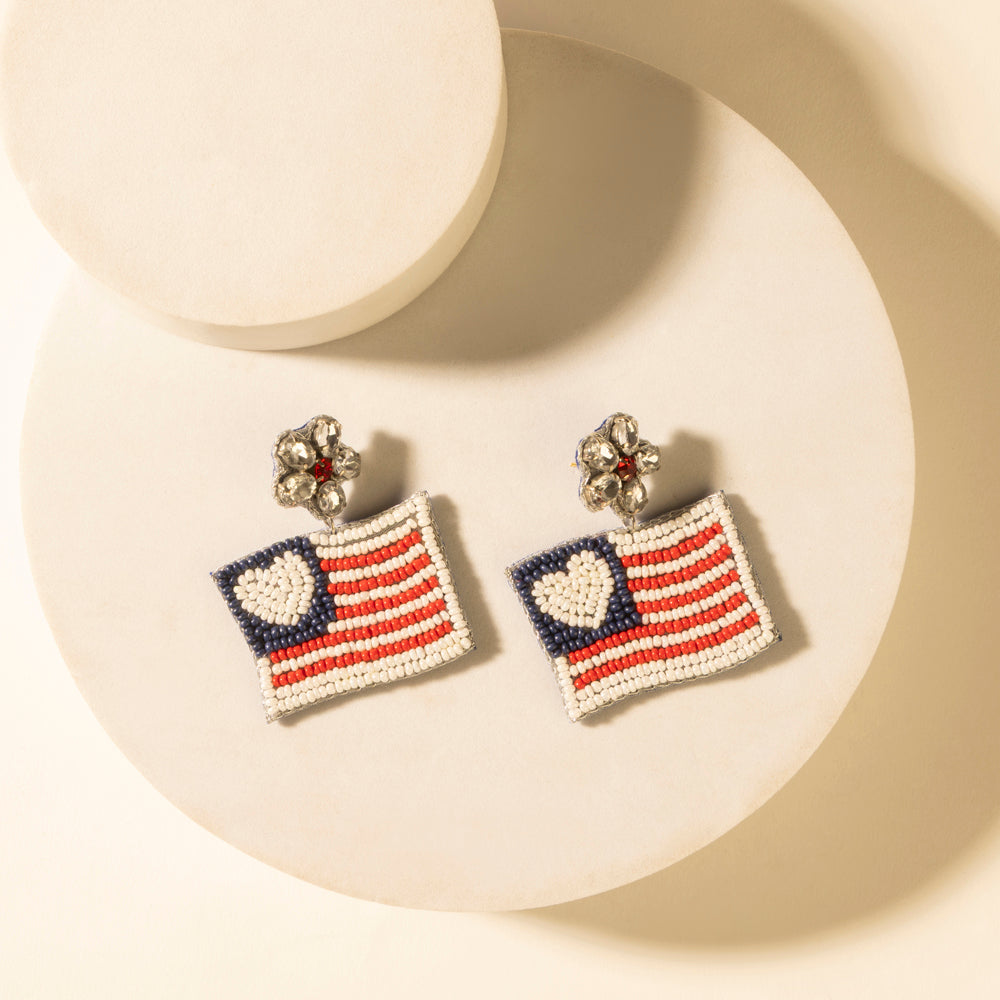 Flag drop earrings with heart detail, red-white-blue stripes and navy heart