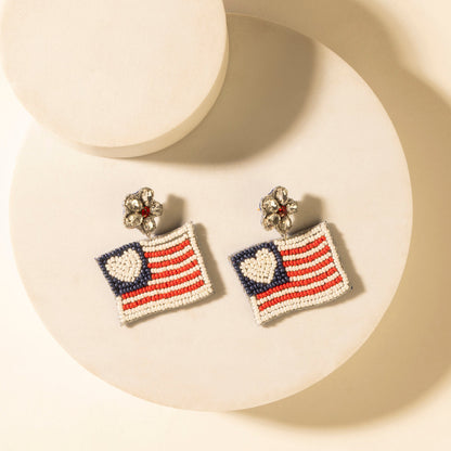 Flag drop earrings with heart detail, red-white-blue stripes and navy heart