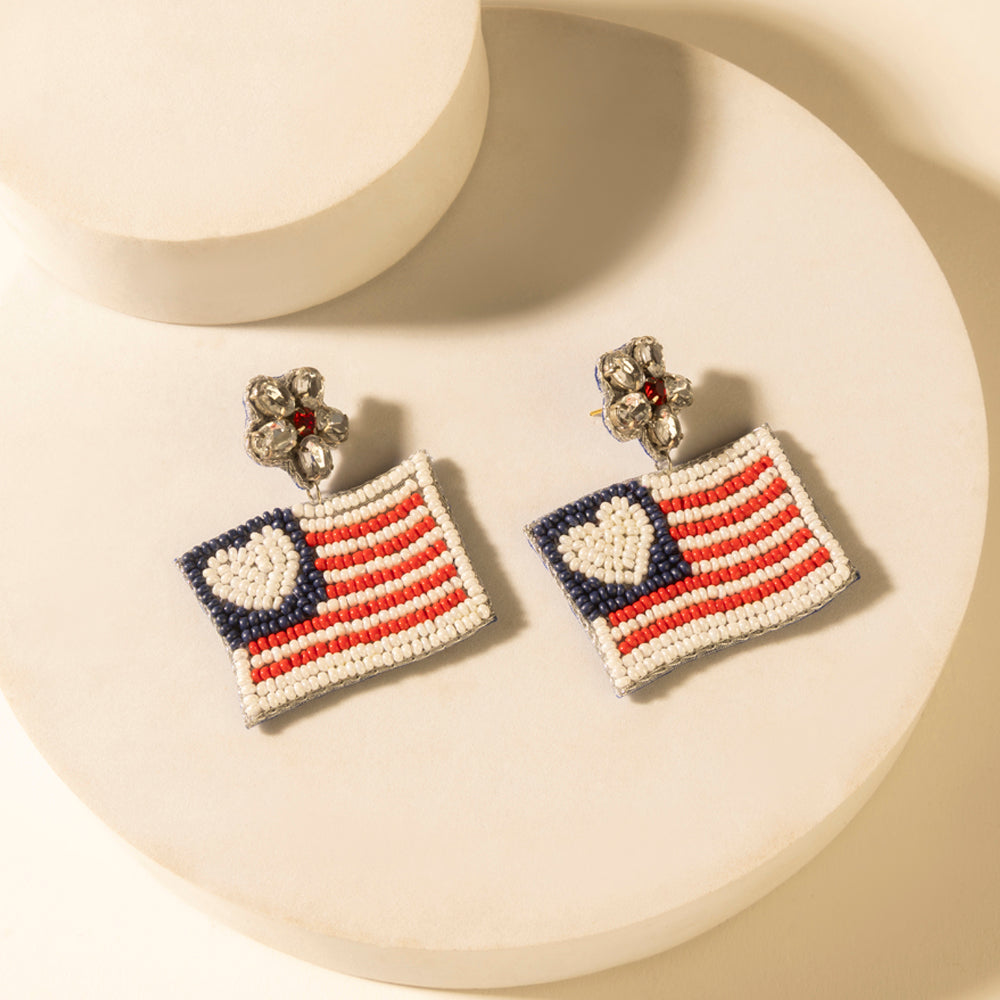 Flag drop earrings with heart detail, red-white-blue stripes and navy heart on posts