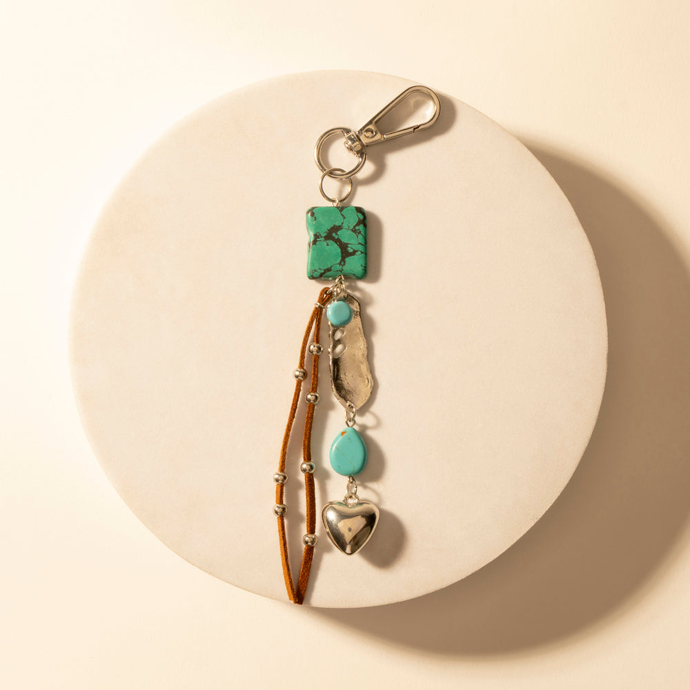 Turquoise longhorn charm keychain with green stone pendant, heart charm and metal clasp