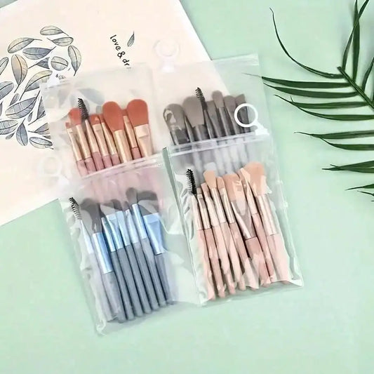 Mini makeup brush set, blue and pink handles, in clear case with separate compartments.