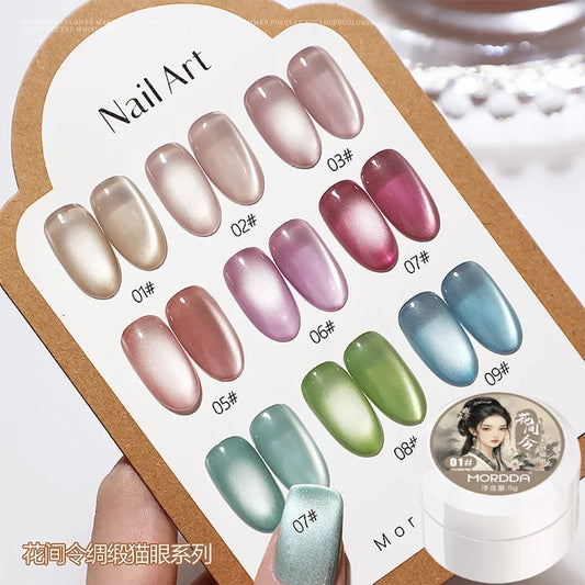 Magnetic cat-eye satin nail gel swatches, 9-color set with numbered shade cards