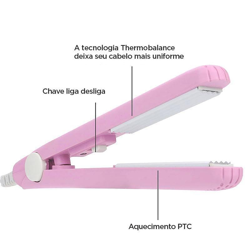Ceramic mini hair straightener, pink with hinged plates and control switches