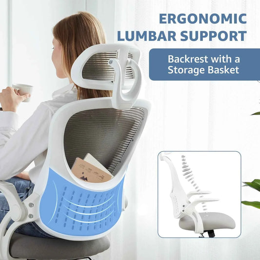 White ergonomic office chair with gray mesh backrest, lumbar support, and headrest