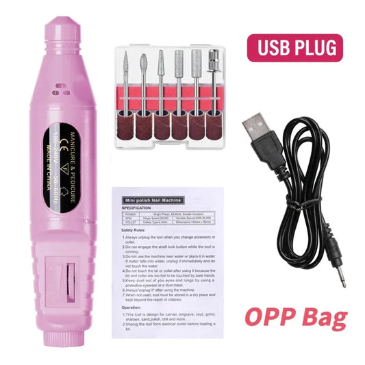 Pink electric nail file pen with USB plug and nail sanding bits set