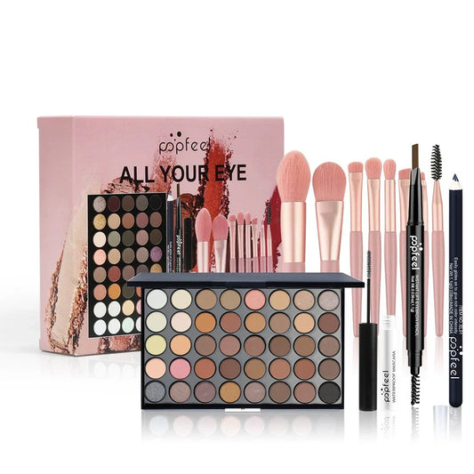 POPFEEL eye makeup set featuring eyeshadow palette, makeup brushes, eyeliner and mascara