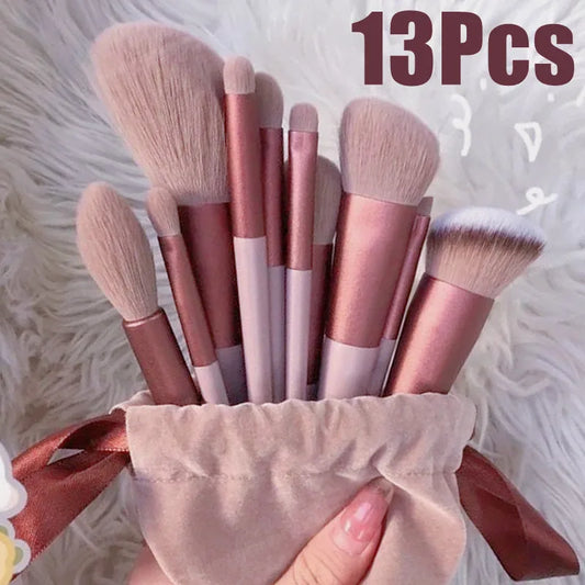 13-piece makeup brush set with rose-gold handles and soft beige bristles