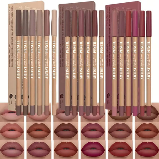 Velvet matte lip liner pencils set in nude, pink, and brown shades, 6-pack