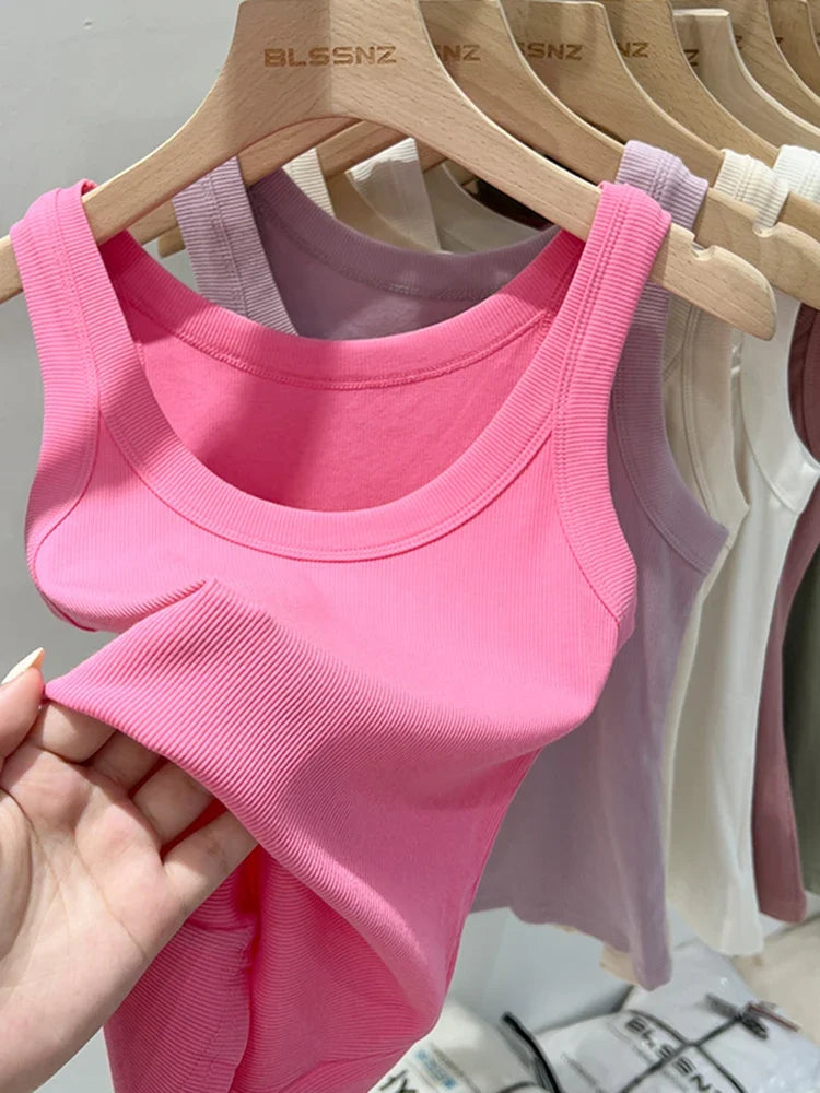 zjaiss Women Solid Round Neck Ribbed Tank Top Camisole Women 2026 Summer Basic Elastic Tank Top O Neck Solid Tank Top