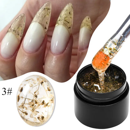 Cream gel nail polish with gold dried flowers on nails and gel bottle labeled 3