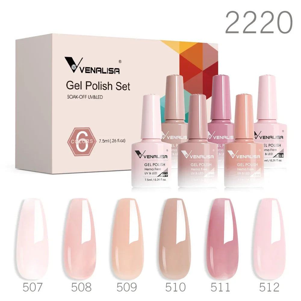Venalisa jelly pink gel polish set, bottle lineup and nail swatch colors, 2220