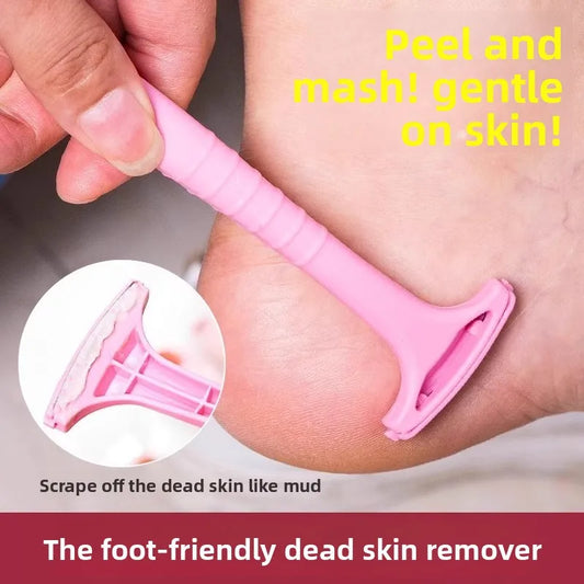 Pink foot dead-skin scraper knife with curved handle and metal scraping blade