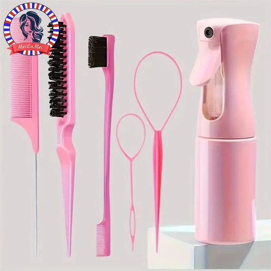 Pink hair brush set with spray bottle and comb tools, 6-piece styling kit