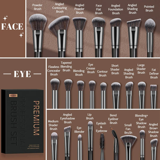 Assorted makeup brushes with black handles, silver ferrules, and soft gray bristles