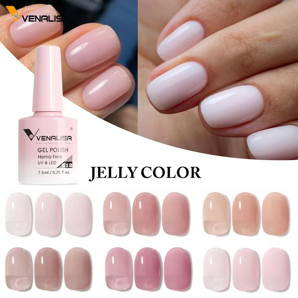 Venalisa jelly color gel polish bottle and light pink nail swatches, glossy 507–512