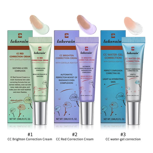 CC correction liquid foundation tubes in green, purple, and blue with silver caps