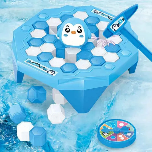 Blue penguin ice-breaking tabletop game with smiling penguin and white/blue hex blocks.