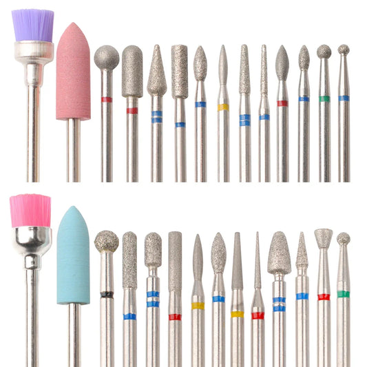 Nail drill bit set with assorted grinding and polishing heads, including purple and pink brush bits
