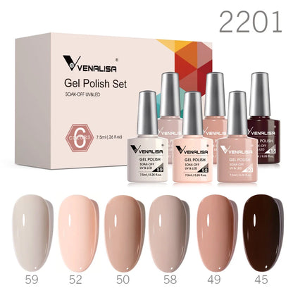 Venalisa gel polish set with nude beige to chocolate brown swatches, 6 colors, 2201