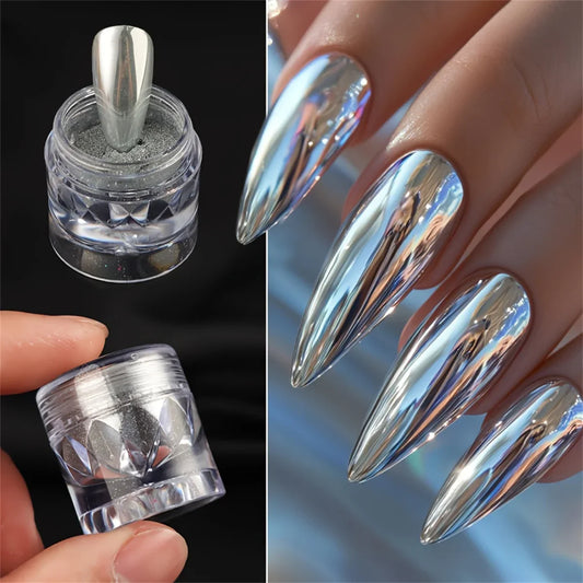 Silver mirror chrome nail powder in clear ribbed jar with applicator scoop