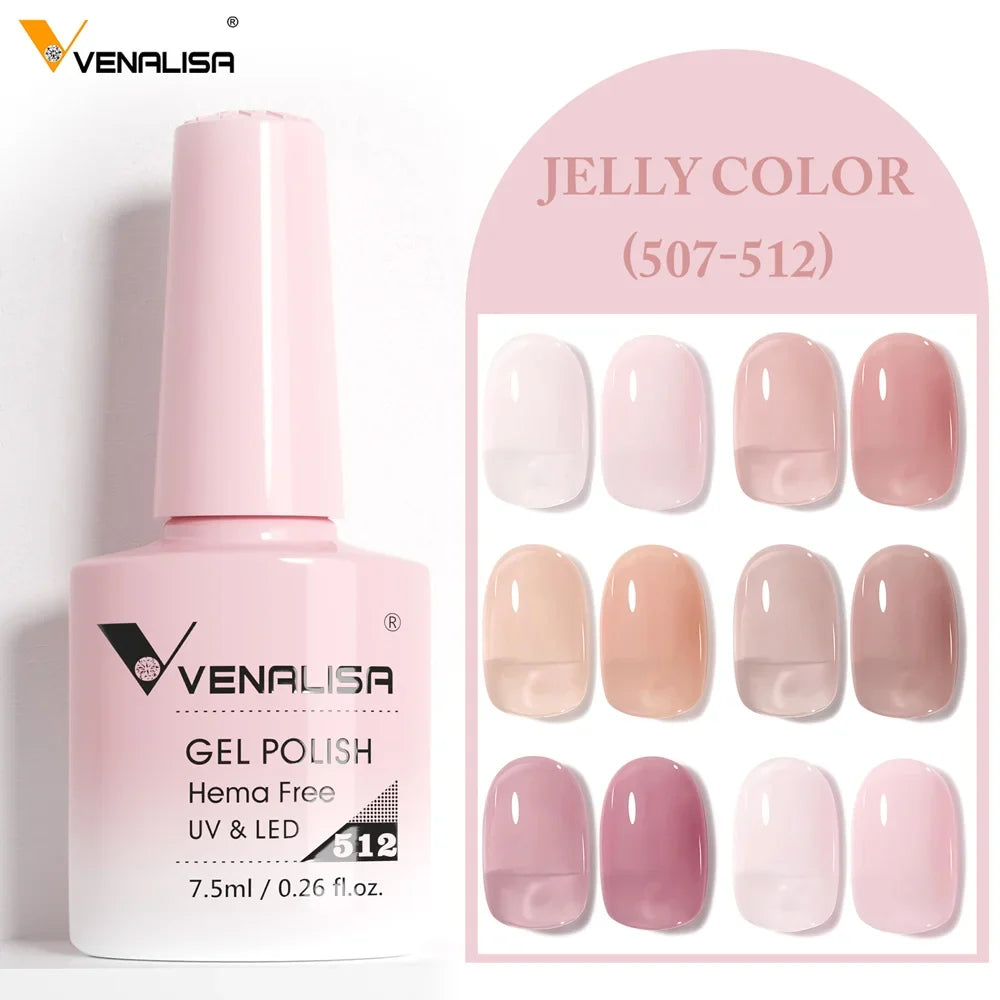 Venalisa Jelly Color gel polish bottle with swatch nails, 507–512, semi-transparent pinks