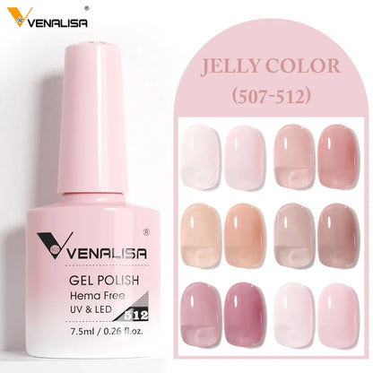Venalisa Jelly Color gel polish bottle with swatch nails, 507–512, semi-transparent pinks