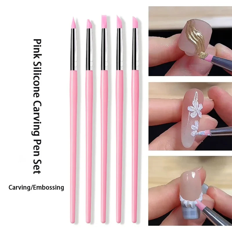 5Pcs/set Silicone Nail Brush UV Gel Polish Tip 3D Image DIY Dotting Polish Brushes Pen Professional DIY Manicure Tools