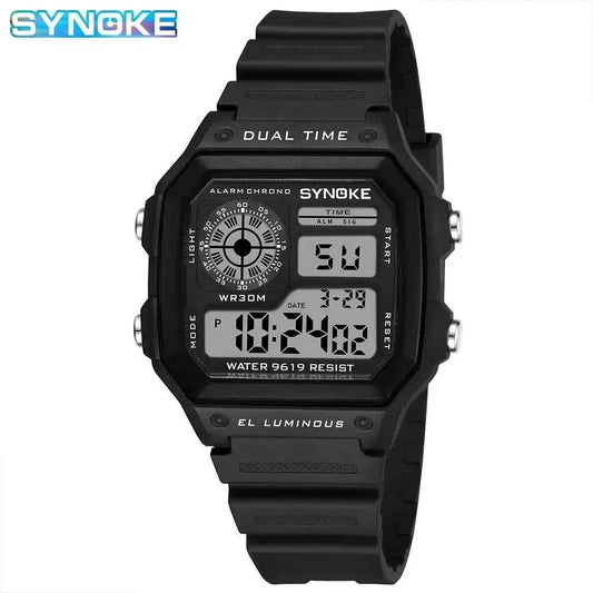 Men’s digital sports watch with black silicone strap and rectangular LCD display