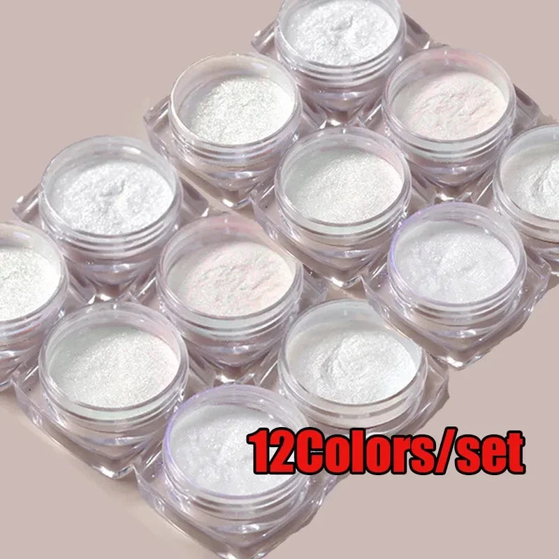 12Pcs/Set Aurora White Nail Mirror Powder 0.3g/Jar Shimmer Moonlight Chrome Pigment Dust for UV Gel Polish Manicure Decorations