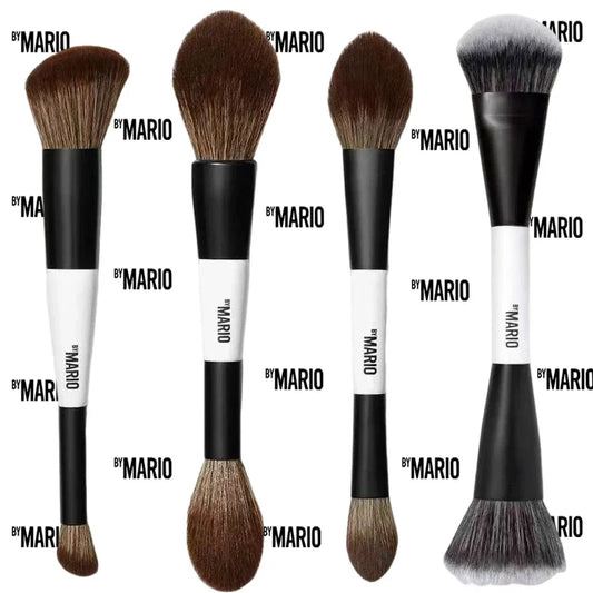 Highlight makeup brushes set with soft brown and gray bristles, black and white handles