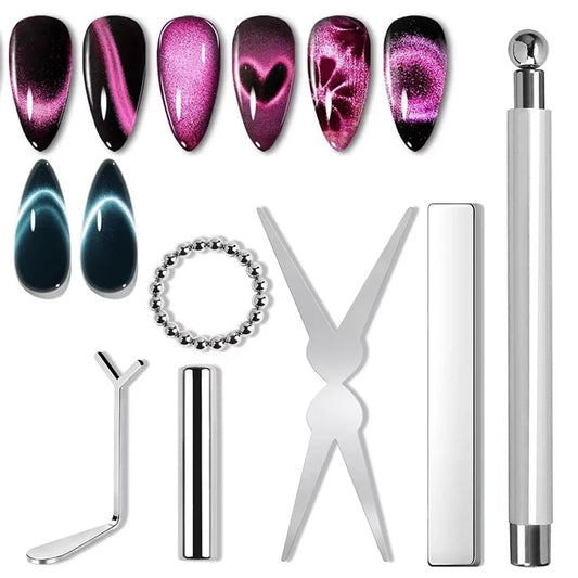 Cat-eye magnet nail art set with silver tools, heart and flower nail tips