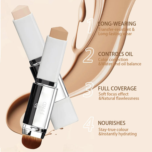 Two-in-one foundation stick with soft brush head, silver tube, light beige shade applicator