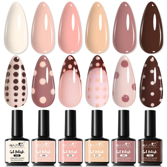 Six milk tea-toned gel nail polish colors and bottles, glossy nude to dark brown shades