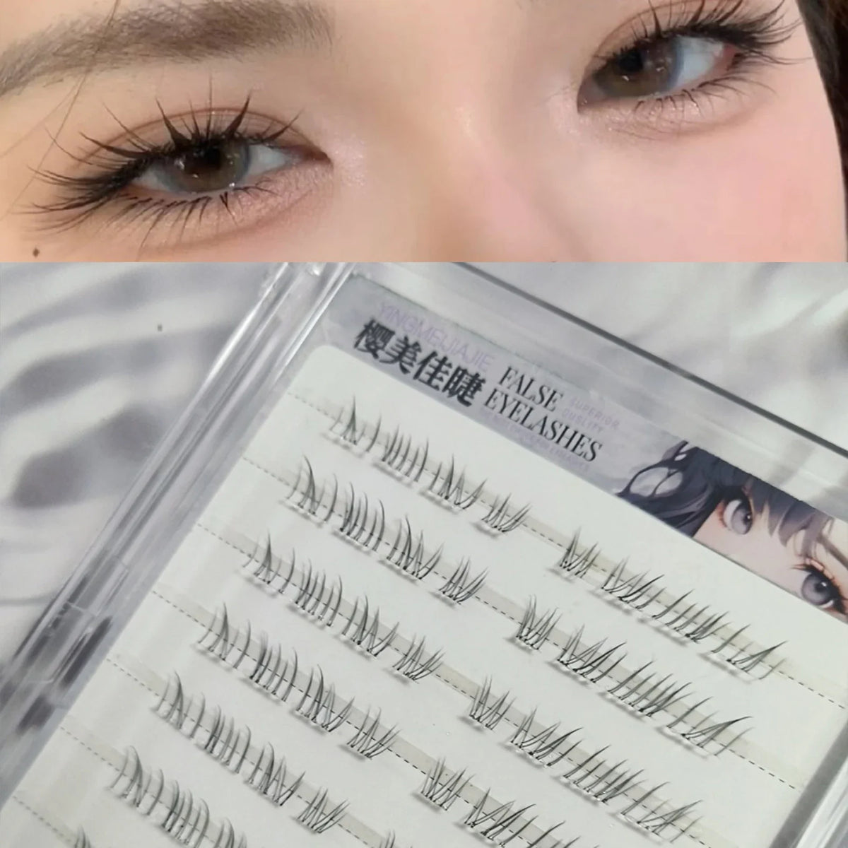 Person wearing wispy false eyelashes with a false eyelash sheet in the tray