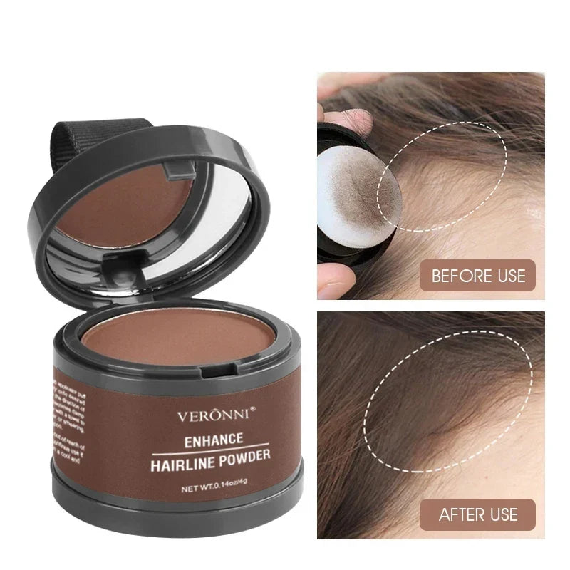 Hairline powder compact with open lid, brown shade, and puff applicator