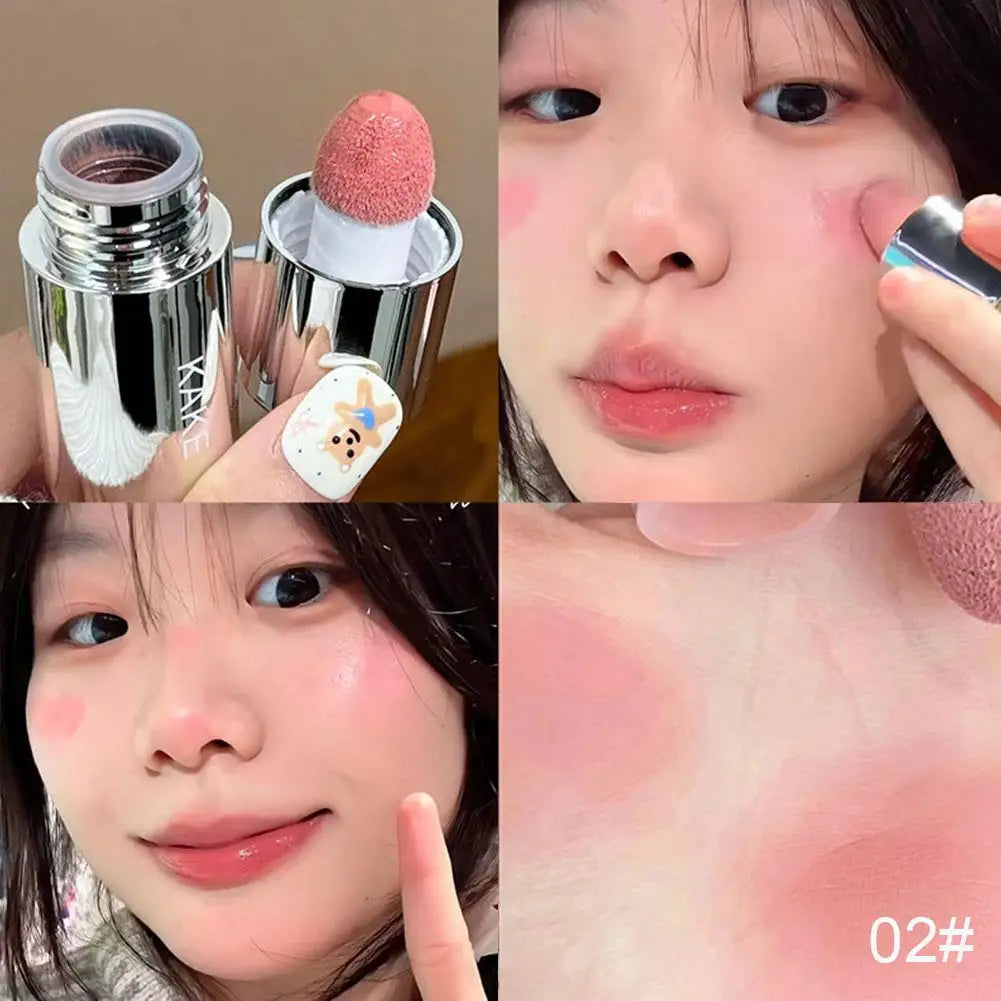 Rose-pink liquid blusher sponge with cheek and lip swatches on skin