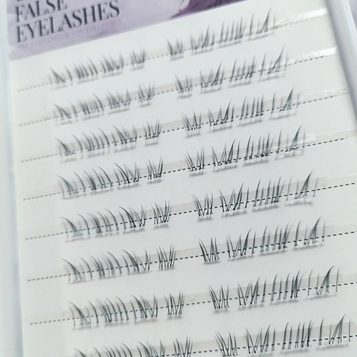 Close-up of wispy false eyelash clusters on a tray, shown in multiple rows