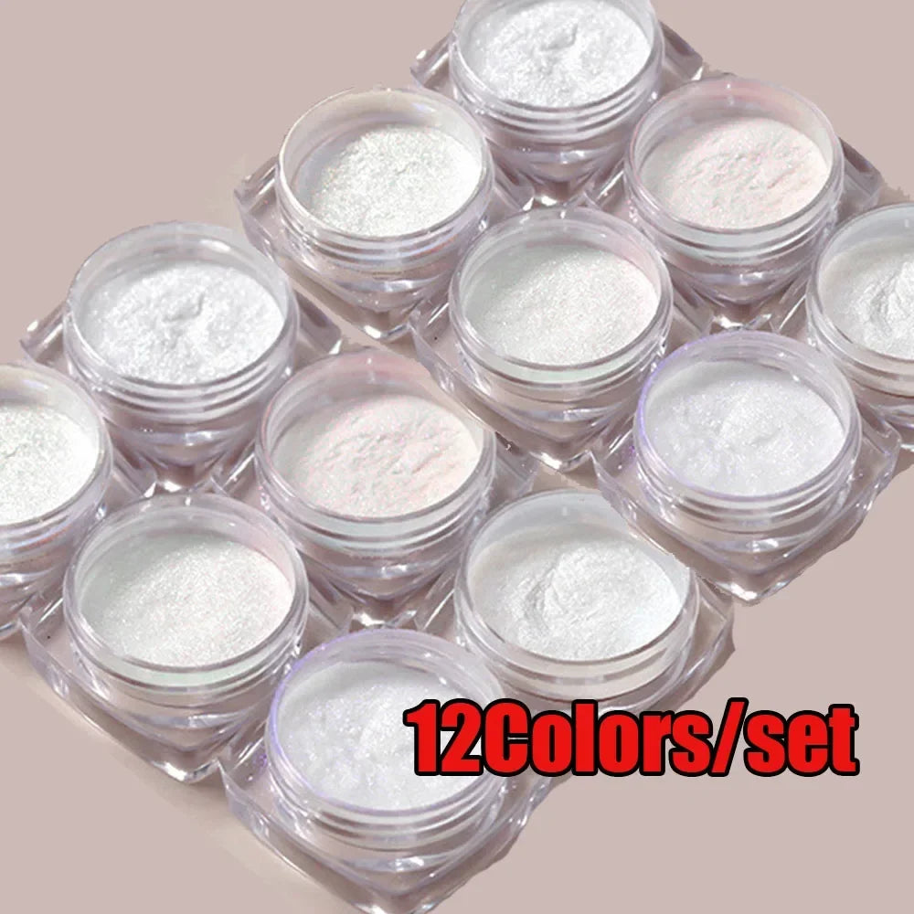 12Pcs/Set Aurora White Nail Mirror Powder 0.3g/Jar Shimmer Moonlight Chrome Pigment Dust for UV Gel Polish Manicure Decorations