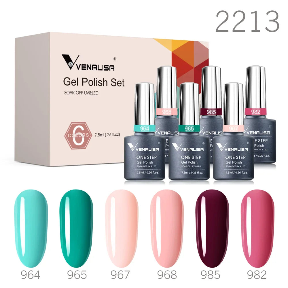 Venalisa gel polish set with teal, green, pink, nude, burgundy, and rose swatches, 2213